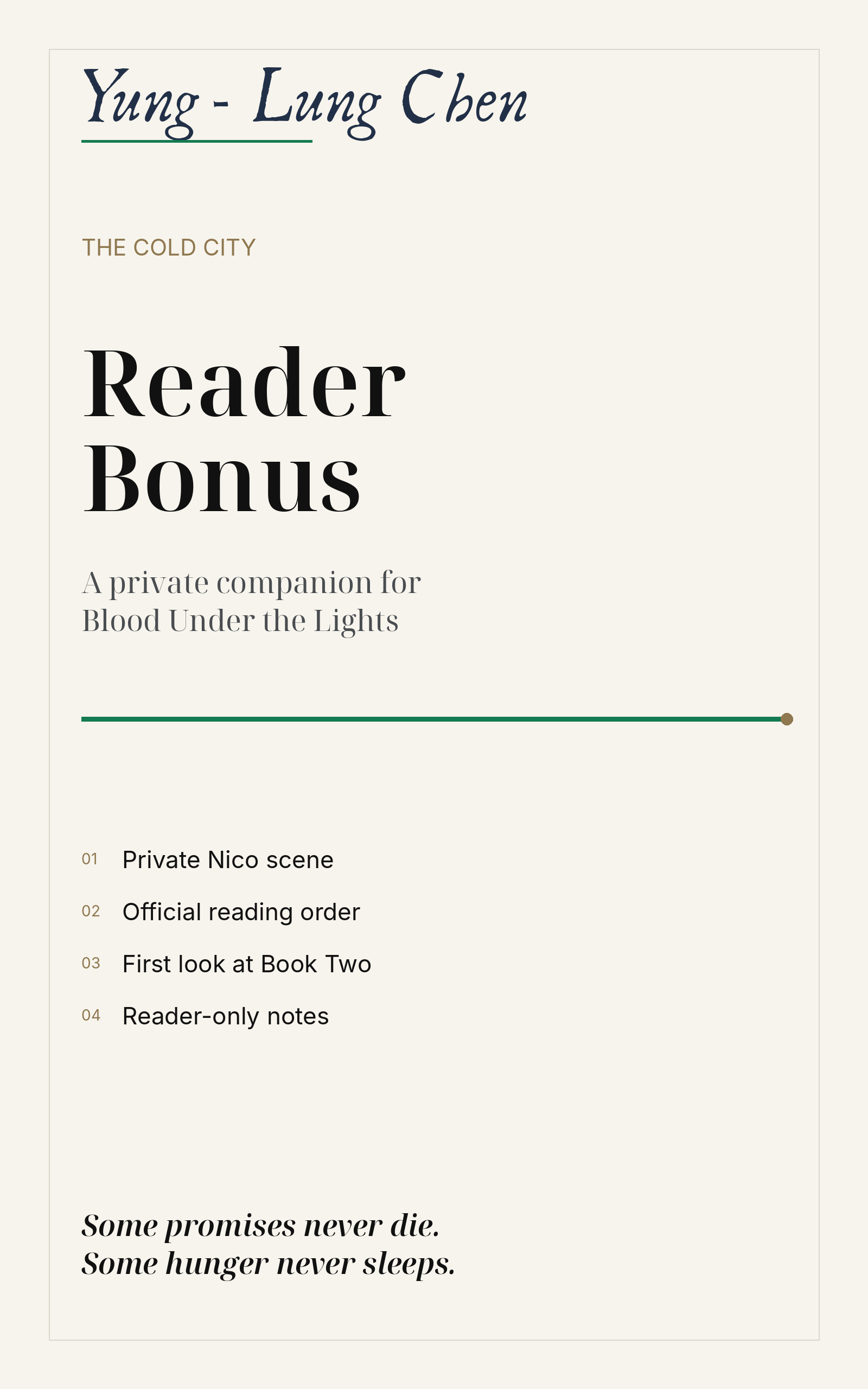 The Cold City reader bonus — a private companion for Blood Under the Lights